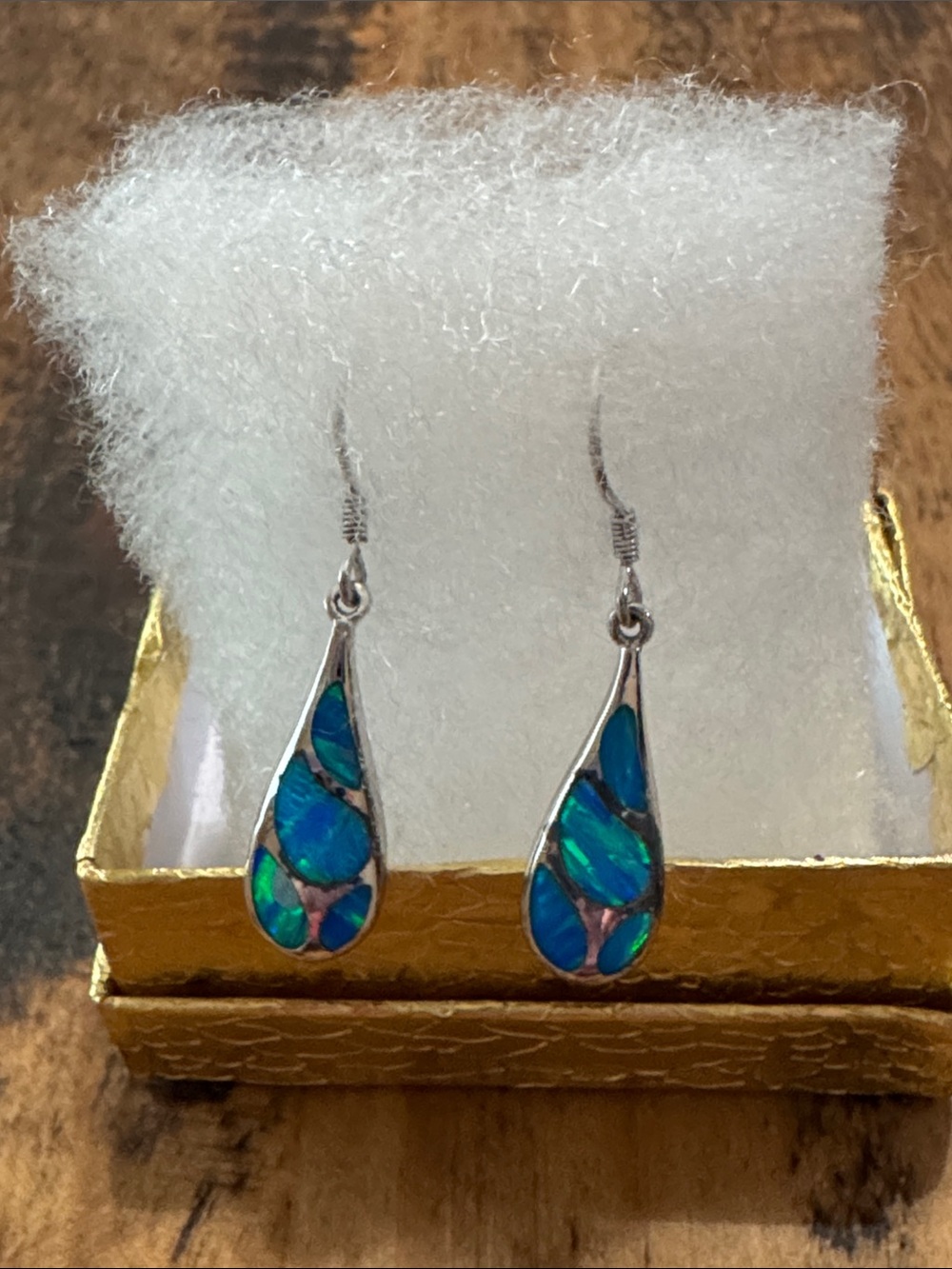 Blue Teardrop Opal Inlay Dangle Earrings - Sterling